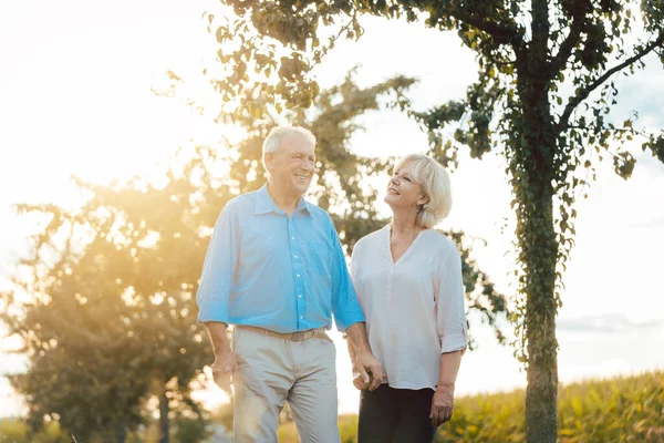 Seniorin und Mann spazieren auf Feldweg — Stockfoto