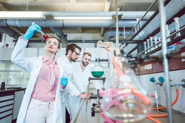 Tiga ahli kimia analitis melakukan penelitian di laboratorium — Stok Foto