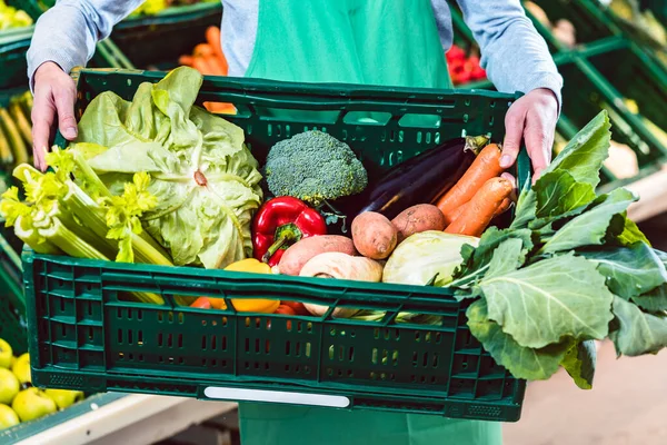 Πωλητής κρατώντας κουτί με βιολογικά λαχανικά στο κατάστημα — Φωτογραφία Αρχείου