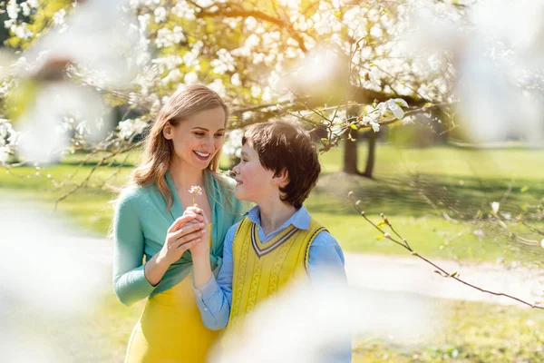 Сын дарит своей маме цветы на день матери — стоковое фото