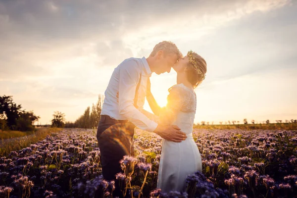 Casamento romântico no campo, noiva beijando o noivo — Fotografia de Stock