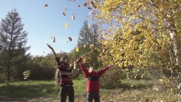 秋の紅葉、スローモーションを投げ 2 人の子供 — ストック動画