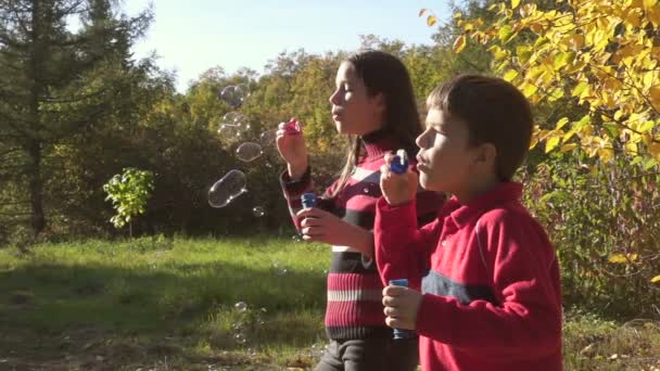 Двоє дітей дме мильні бульбашки, повільний рух — стокове відео