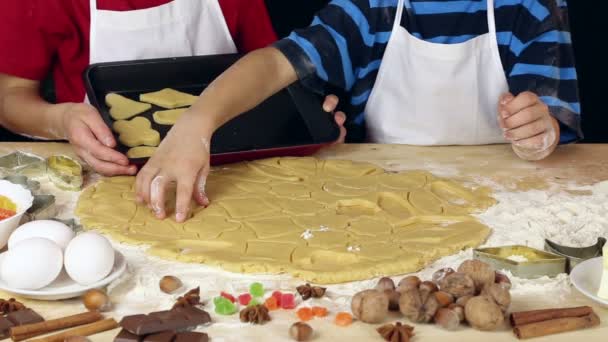 Двое детей выкладывают тесто на рождественское печенье для выпечки подноса — стоковое видео