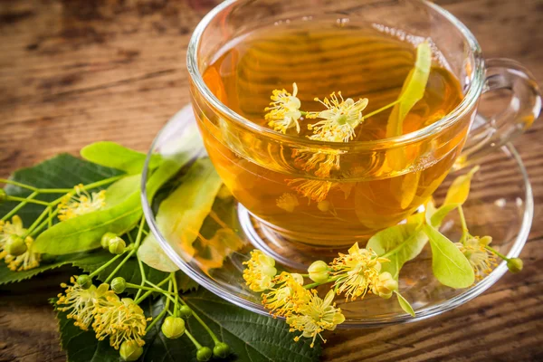 Green herbal tea with linden flowers, closeup — ストック写真