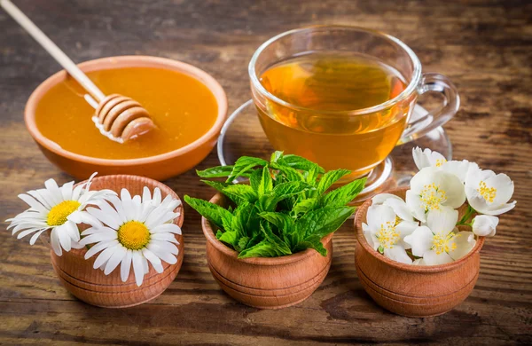 Ziołowe herbaty z mięty, rumianku, kwiaty jaśminu i miód — Zdjęcie stockowe