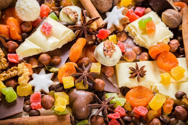 Édességek, csokoládé cukorka háttér — Stock Fotó