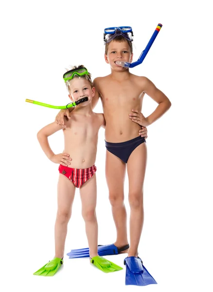 Two funny boys in swimsuit standing together — Stock Photo, Image