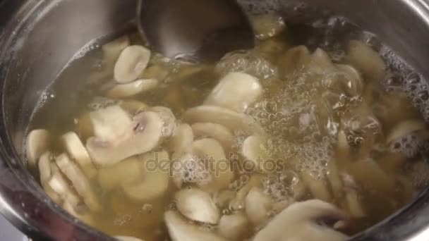 Смешивание кипящей воды с грибами, замедленная съемка — стоковое видео
