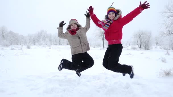 Deux enfants sautent ensemble sur le paysage hivernal, au ralenti — Video