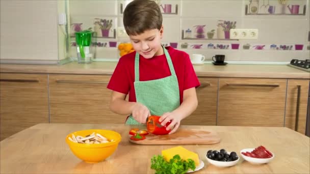 Adorable chico cortando el pimentón en la cocina — Vídeos de Stock