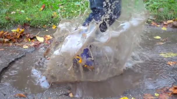 Joven saltando en charco fangoso, cámara lenta — Vídeos de Stock