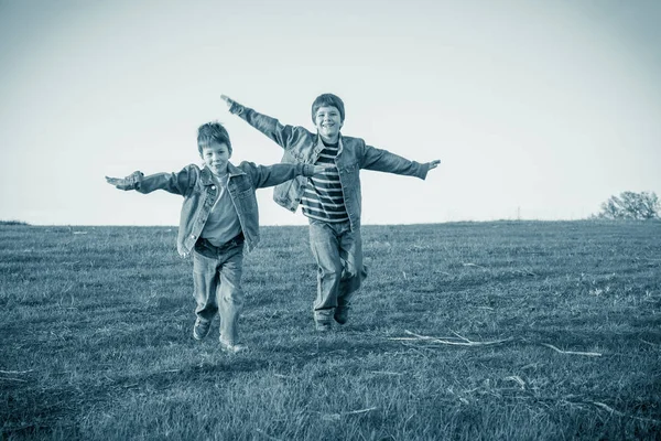 Два брата бегут вместе по лугу, сепия тонизируется — стоковое фото