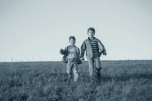 Dois irmãos correndo juntos no prado verde contra o céu, v — Fotografia de Stock
