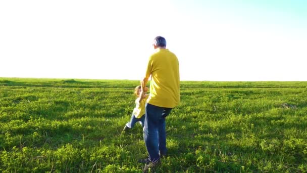 Père tournant son fils tenant ses mains sur la prairie verte — Video