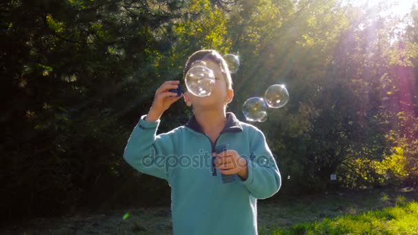 Menino explodindo as bolhas de sabão na floresta de outono — Vídeo de Stock
