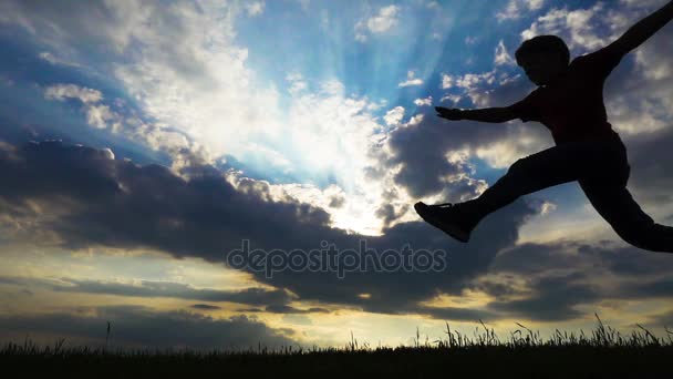 Silhouette del ragazzo che salta sul campo contro il tramonto — Video Stock