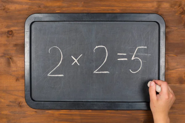 Blackboard med fel matematik ekvation och krita i handen — Stockfoto
