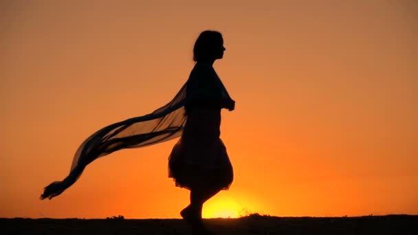 Σιλουέτα του νεαρή κοπέλα περπάτημα κατά το ηλιοβασίλεμα — Αρχείο Βίντεο