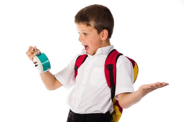 Okul çocuğu elinde çalar saat ile hayran — Stok fotoğraf