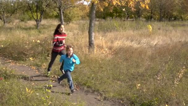 Två barn kör tillsammans på hösten park — Stockvideo