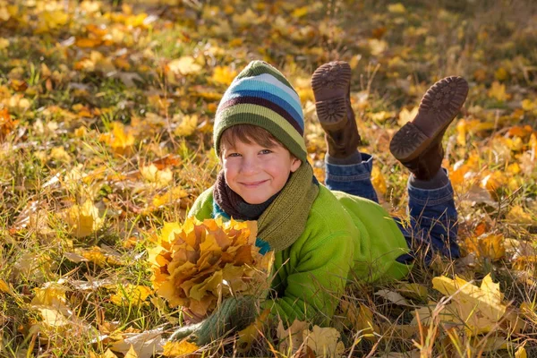 Щасливий хлопчик лежить на осінньому парку — стокове фото