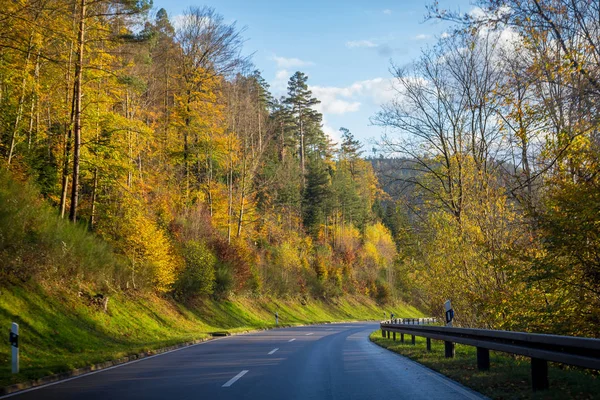 Herfst weg met gele bos en bomen op heuvels — Stockfoto