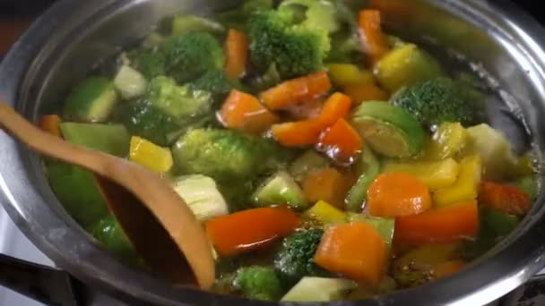 Za stálého míchání zeleninová polévka s dřevěnou lžící — Stock video