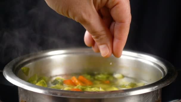 Salz in die Gemüsesuppe geben, Zeitlupe — Stockvideo