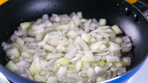 Перемішайте білу цибулю на чорній гарячій сковороді — стокове відео