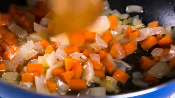 在煎锅上搅拌胡萝卜片和白洋葱 — 图库视频影像