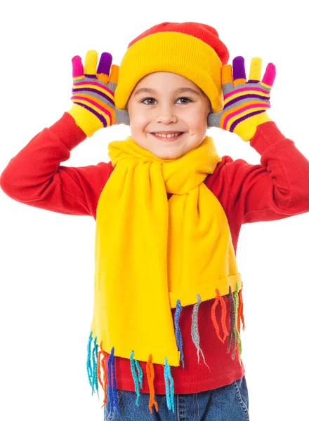 Funny girl in colorful winter clothes are teasing Royalty Free Stock Images