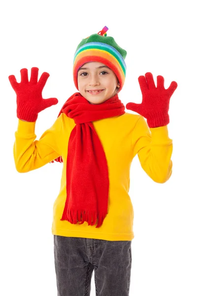 Funny girl in colorful winter clothes with greeting sign Stock Picture