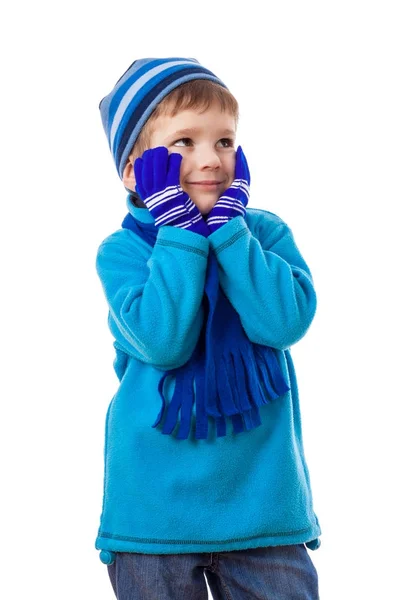 Menino sonhando em roupas de inverno — Fotografia de Stock