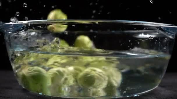 Chute de Bruxelles à la casserole en verre avec éclaboussure d'eau — Video