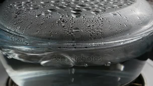 Boiling water in transparent glass saucepan with condensation — Stock Video