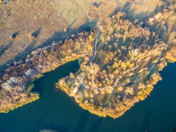 Sonbahar ormanı ve nehir kıyısına hava manzarası — Stok fotoğraf