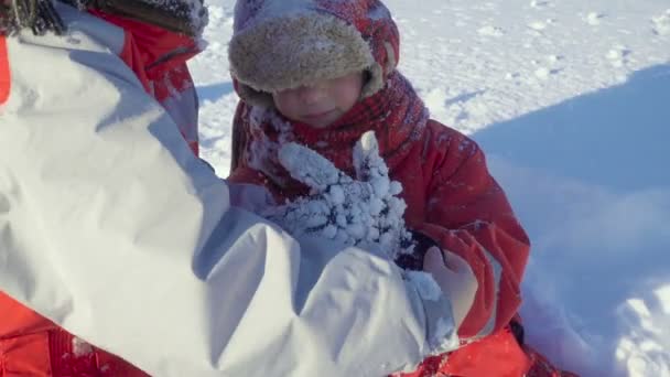 Dwoje dzieci w zimowym parku z lepkimi świecami śnieżnymi — Wideo stockowe
