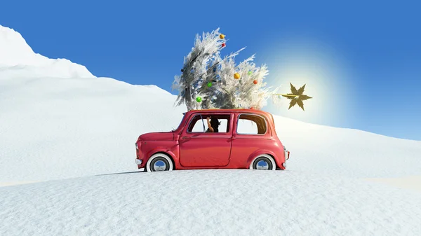 Illustration of a car with a Christmas tree — Stock Photo, Image