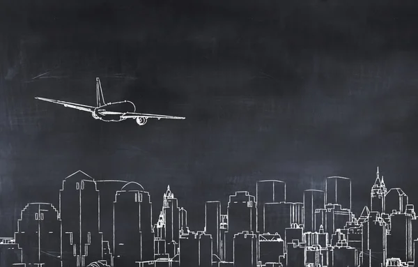 Illustration City Plane Painted Blackboard — Stock Photo, Image