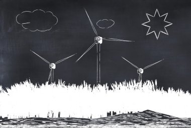 3D çizim yel değirmeni bir tahtaya boyalı