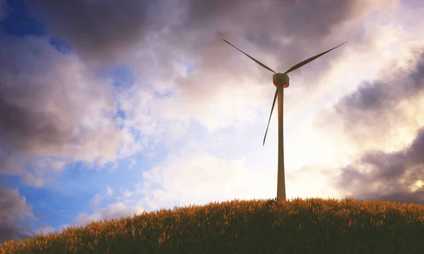 3D说明能源概念 日落和风力涡轮机 — 图库照片