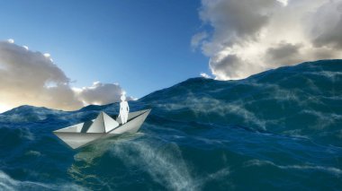 Suda yüzen kağıttan bir teknenin üç boyutlu çizimi