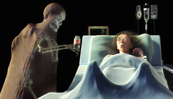 Illustration Skeleton Giving Poison Frightened Old Woman Hospital — 스톡 사진