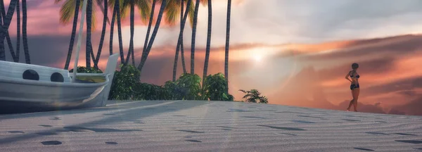 Ilustración Palmeras Una Playa Tropical Puesta Sol —  Fotos de Stock