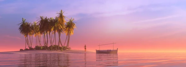 Illustration Von Palmen Einem Tropischen Strand Und Sonnenuntergang — Stockfoto