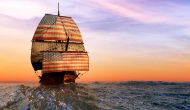 Yelkenlerinde Birleşik Devletler bayrağı olan geminin 3D çizimi