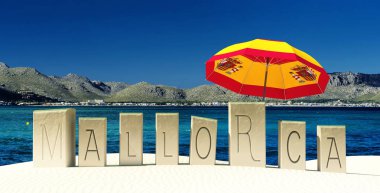 Kumun üzerindeki kelimelerin 3 boyutlu çizimi mallorkayı işaret ediyor.