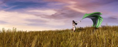 Tarlanın yanından geçen üç boyutlu bir kadın çizimi