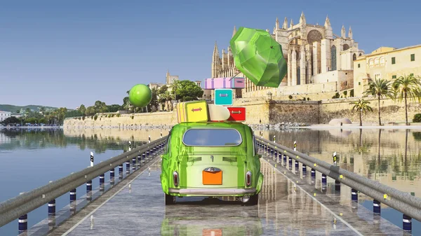 Ilustración Coche Cargado Con Maletas Catedral Mallorca — Foto de Stock